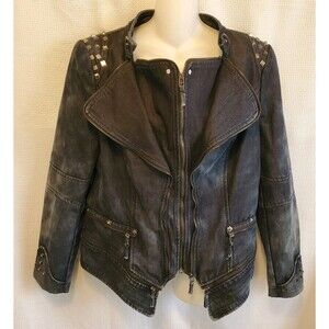 SX Studded Motorcycle Women's Distressed Look Denim Jacket Size M Biker Punk 90s